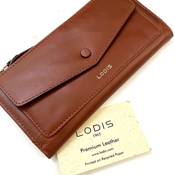 NWT LODIS Long Slim Bifold Wallet Cognac Brown Leather 4''x 7.5'' Card Case - Picture 1 of 5